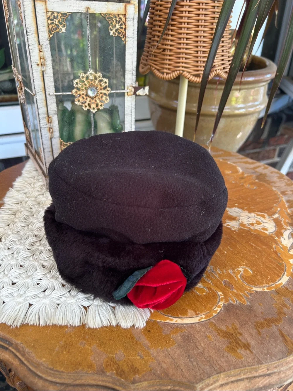 Vintage Black Hat with Red Rose Accent